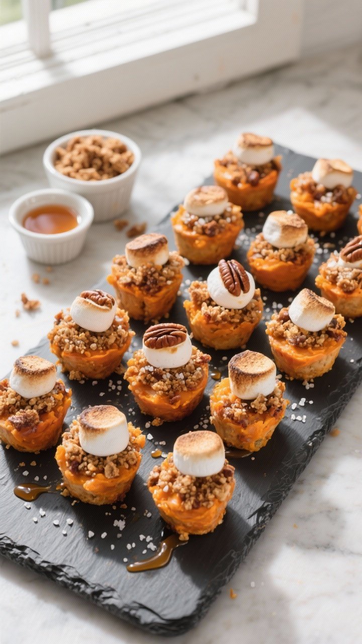Overhead “tasty top view”: A party-ready platter of Sweet Potato Casserole Bites arranged in tig