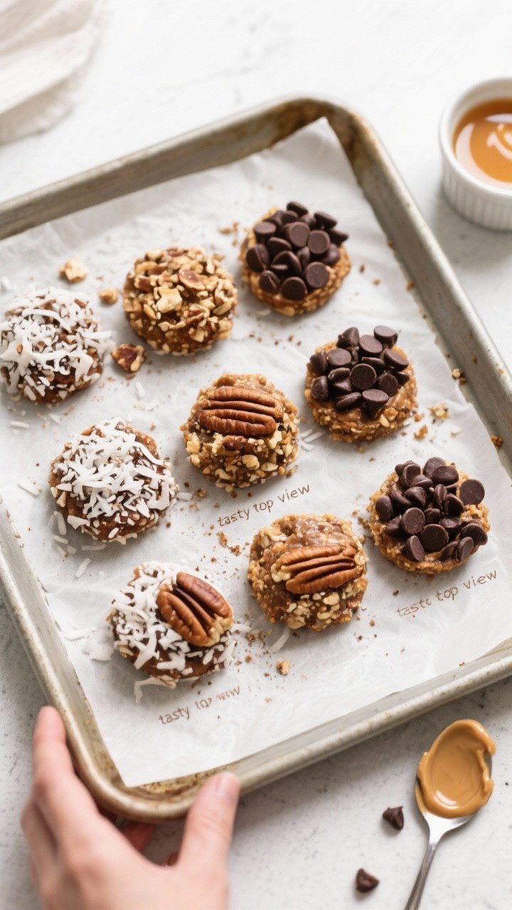 Overhead “tasty top view”: Assorted Pecan Pie Protein Bites arranged in a neat grid on parchment