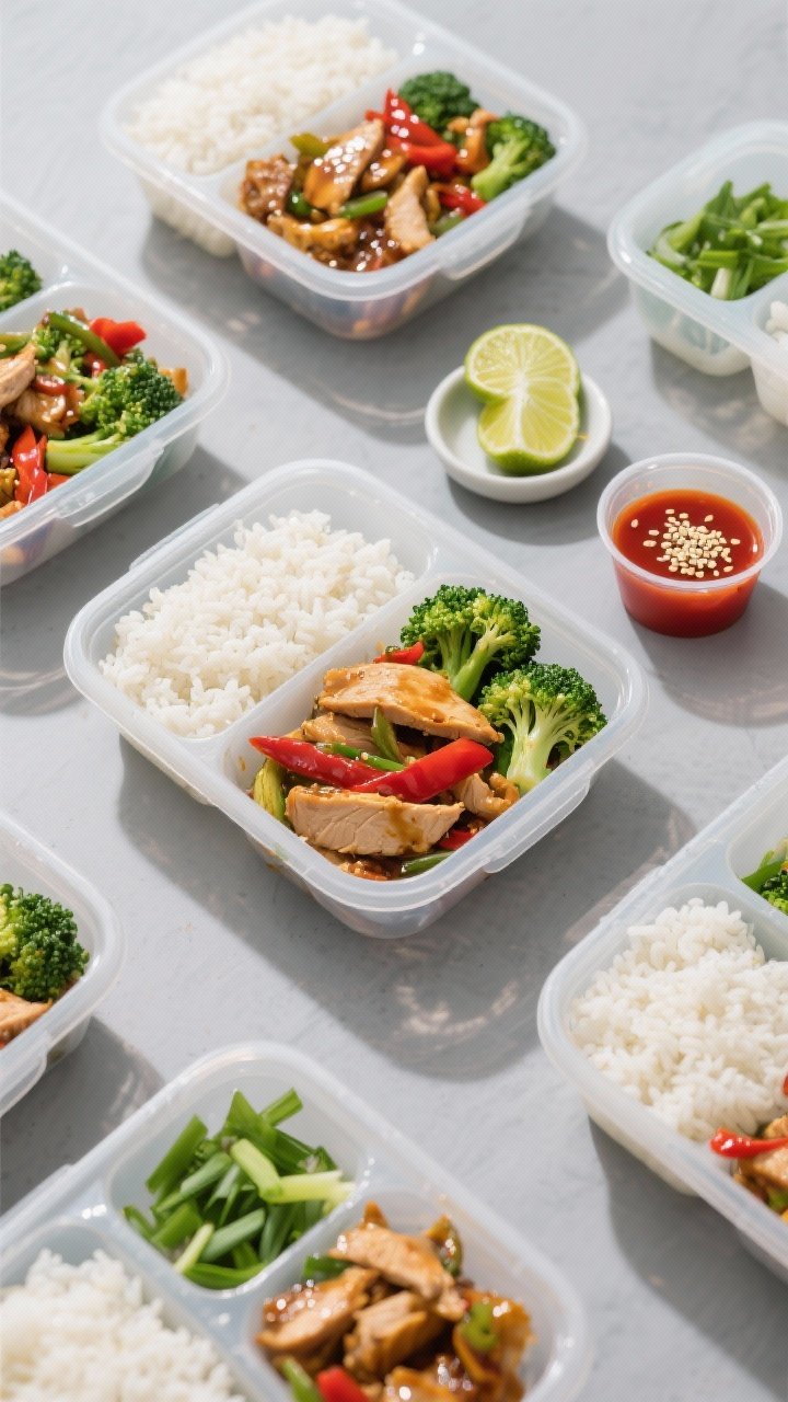 Overhead “tasty top view” meal-prep scene: multiple airtight containers neatly portioned with ha