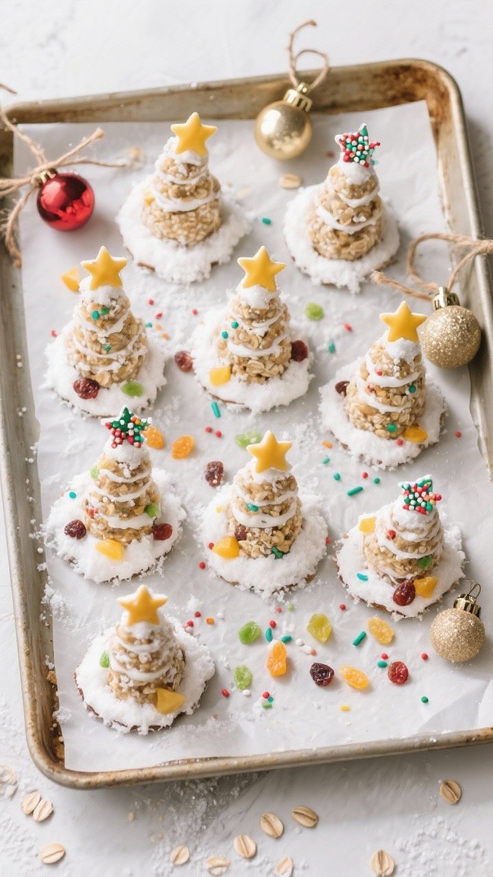 Overhead “tasty top view” of a parchment-lined sheet pan filled with 8–12 chilled Christmas Tr