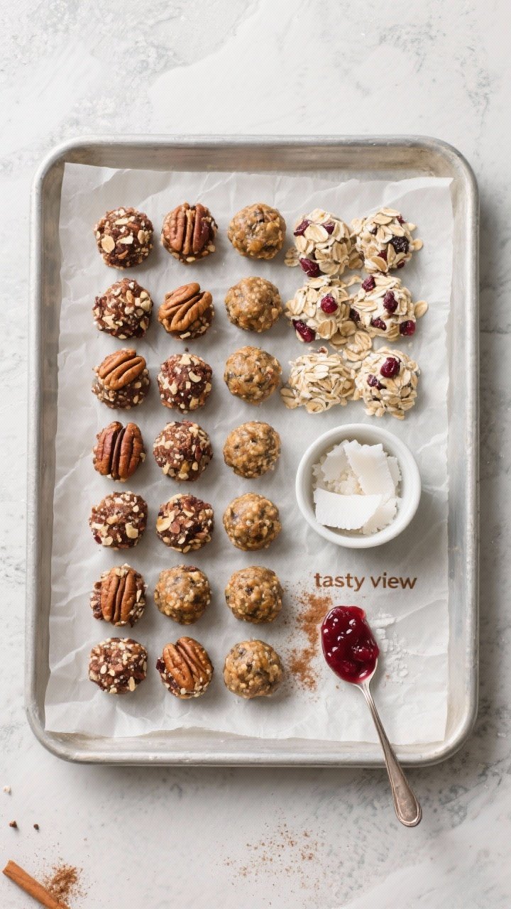Overhead “tasty top view” of a parchment-lined tray during the set-and-store step: neatly arrang
