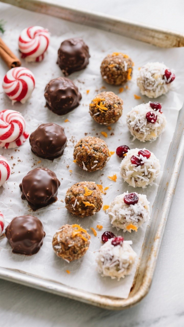 Overhead “tasty top view” of a parchment-lined sheet pan filled with assorted finished Christmas