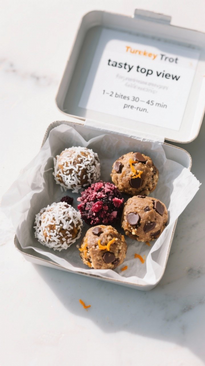 Overhead “tasty top view” of a race-day snack box: 6–8 Turkey Trot Energy Bites nestled in a s