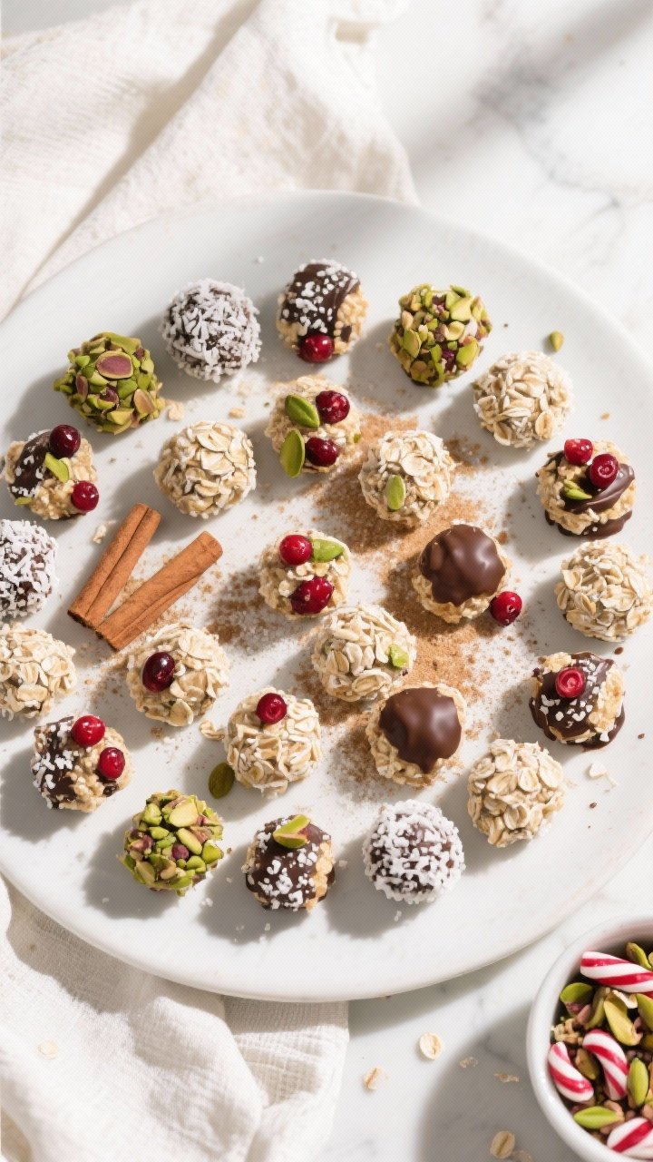 Overhead “tasty top view” of the final platter: 18–24 neatly arranged energy bites on a matte 