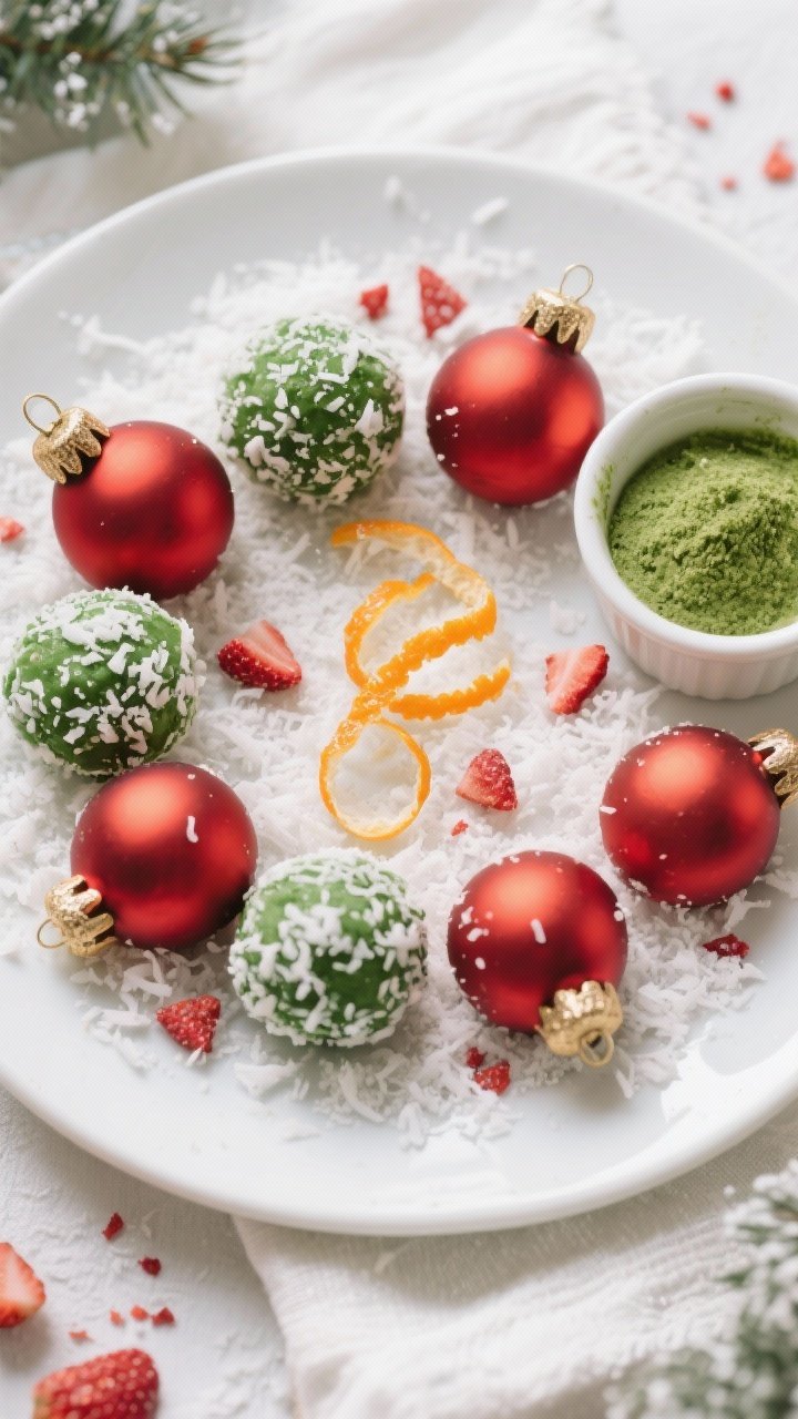 Overhead “tasty top view” platter: Final presentation of the energy balls arranged like ornament