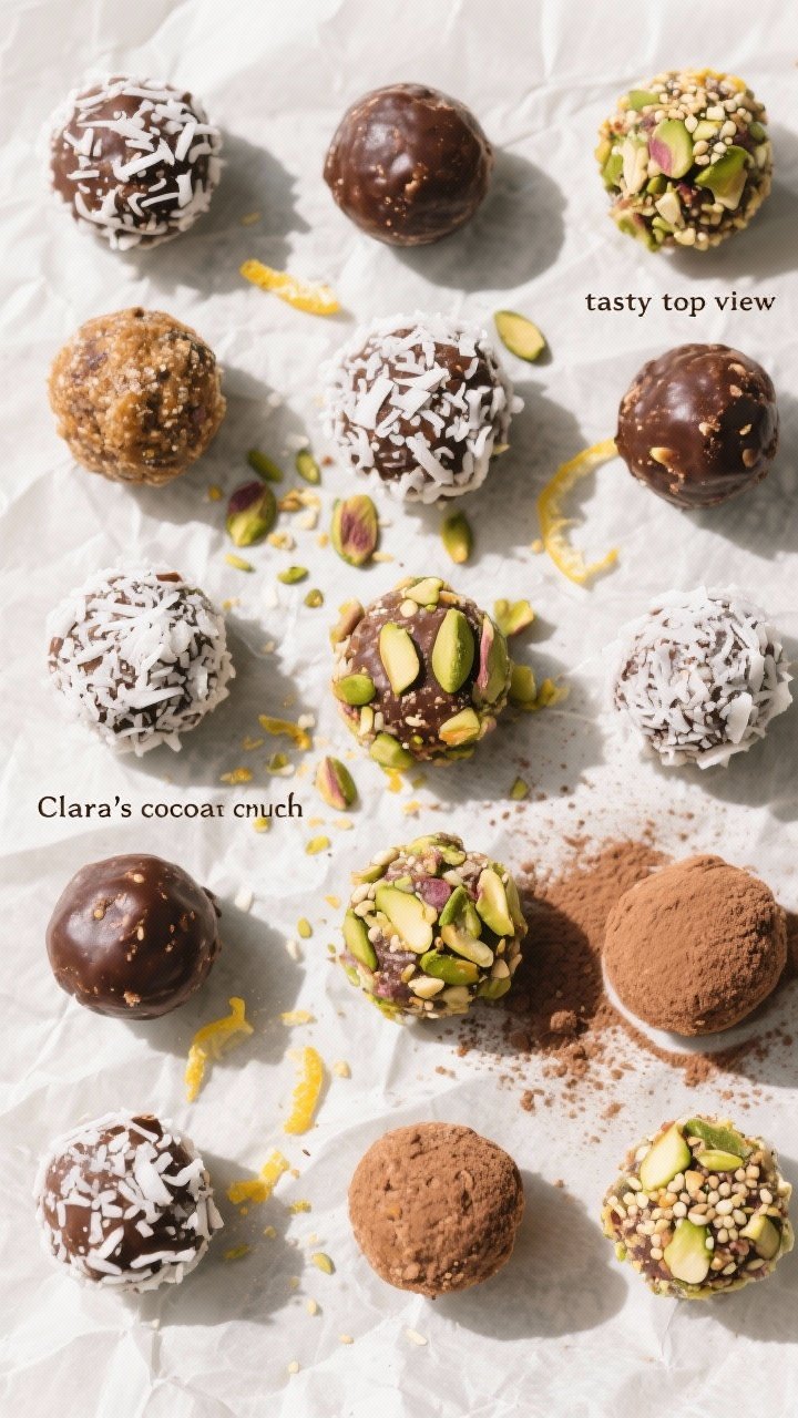 Overhead “tasty top view” shot: Assorted finished energy balls arranged in a tight grid on parch