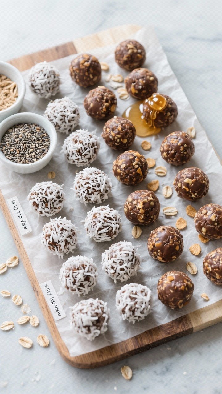 Overhead “tasty top view” shot: Neatly arranged bite-sized protein balls (16–20) on a parchmen