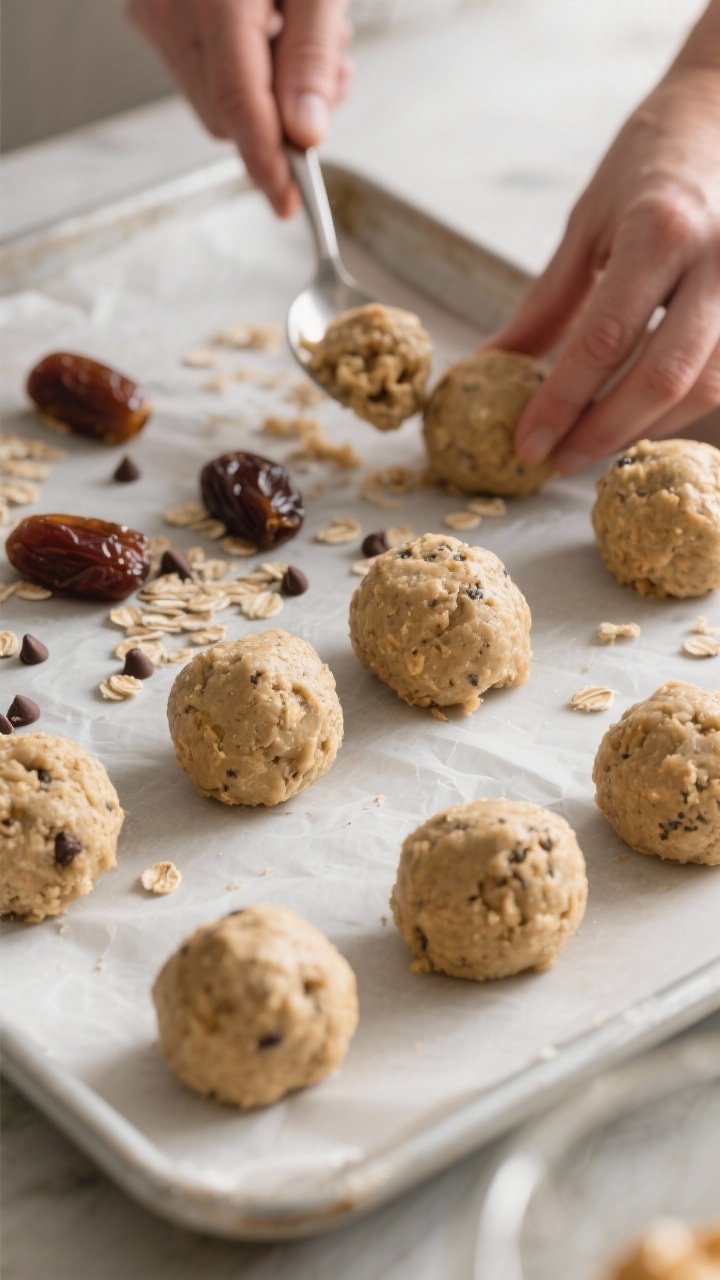 Process-in-action image: Finished dough being portioned and rolled into uniform balls on a parchment