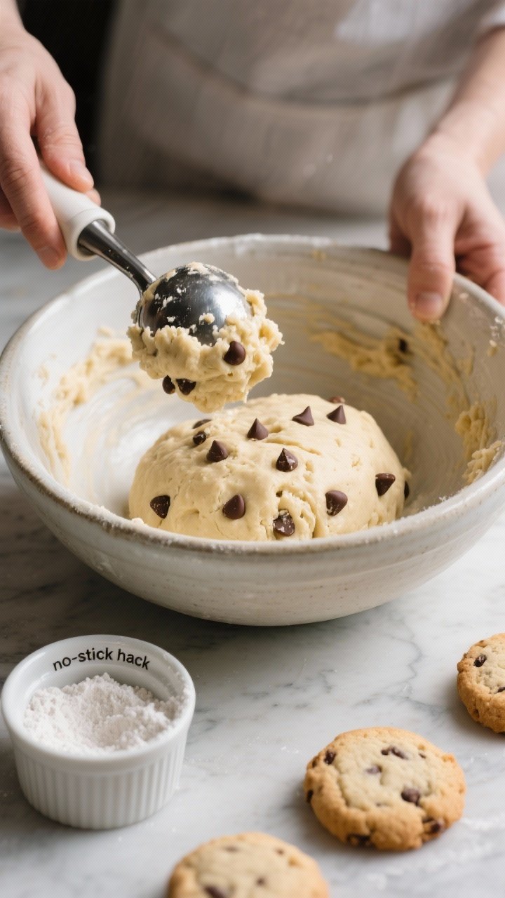 Process-in-action: mixing bowl with finished, rollable dough being portioned with a small cookie sco