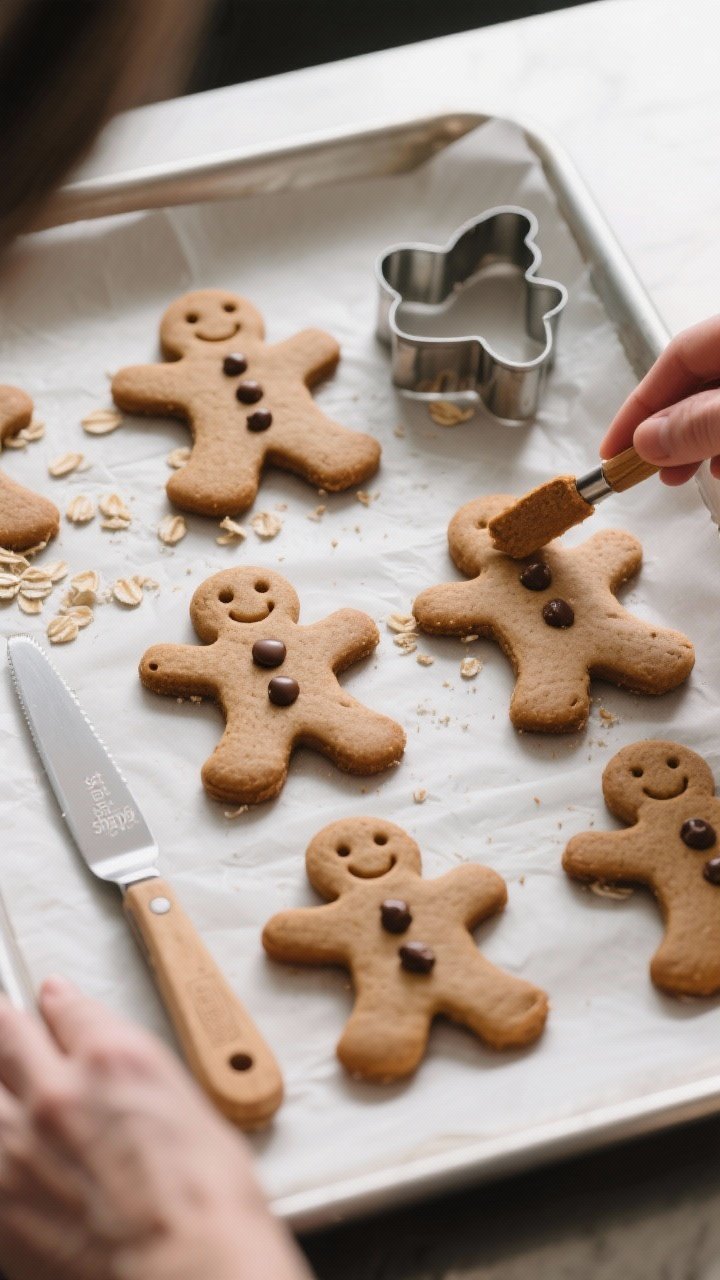 Process-in-action (no hands visible): The shaped gingerbread men set on a parchment-lined tray just 