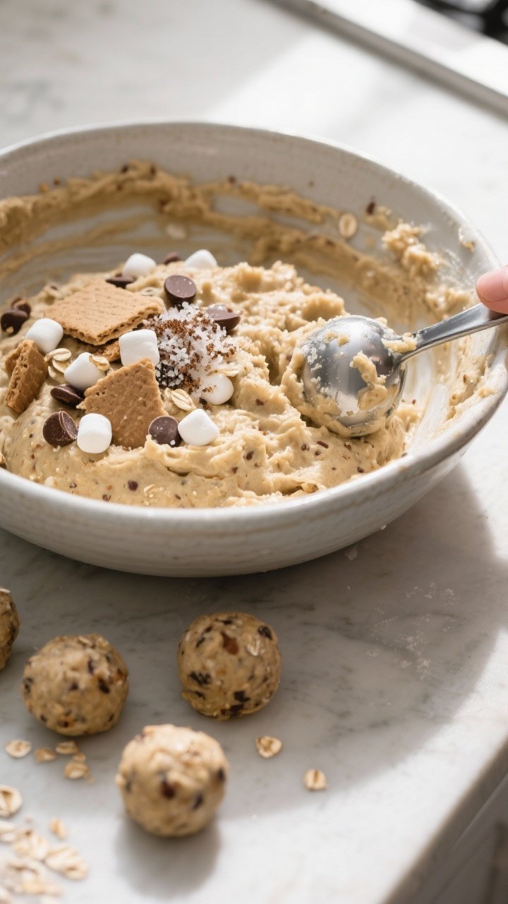 Process-in-action shot (no hands): the energy ball dough mid-prep just after chilling and before rol