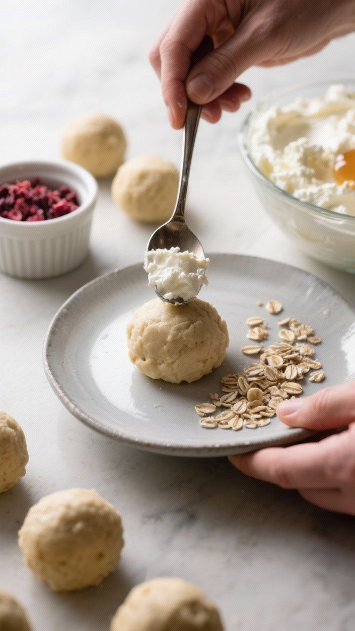 Process-in-action shot (no hands visible): The thick, chilled dough being portioned with a tablespoo