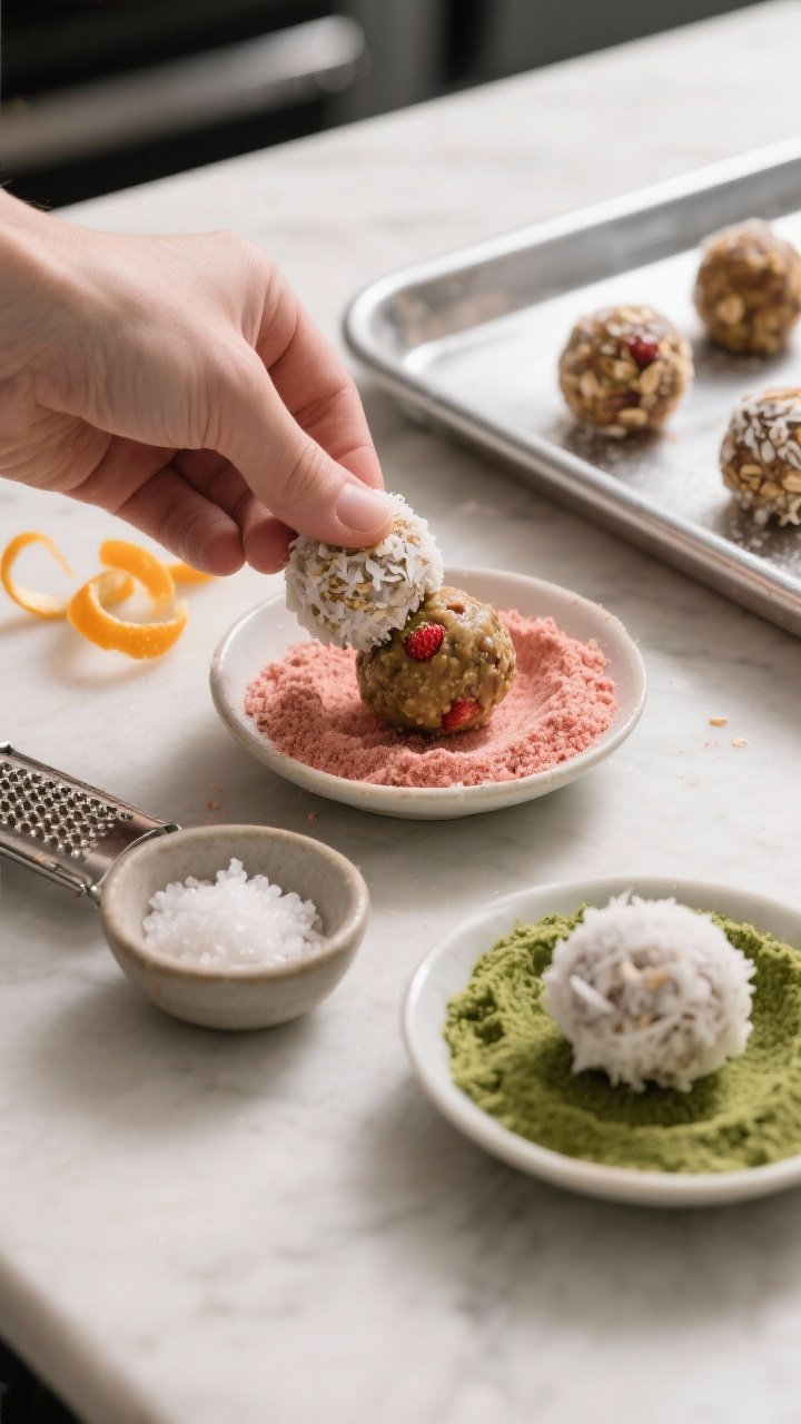 Process-in-action shot: Rolled energy balls being coated—one ball mid-roll in a shallow dish of st