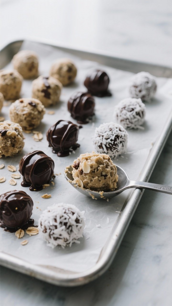 Process shot: the “mix, scoop, roll” stage—compact, uniform Protein Bites being formed and lin