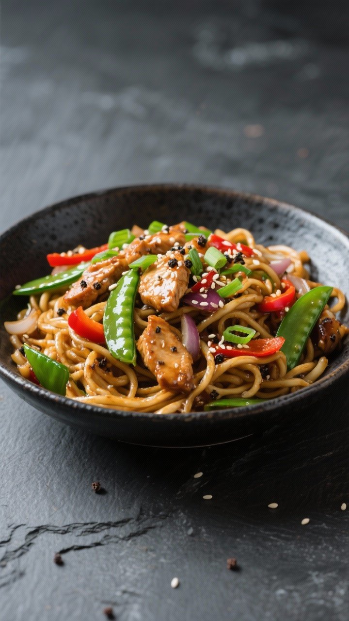 Tasty : Overhead shot of Black Pepper Chicken “Noodle Night” variation—lo mein lightly coated 