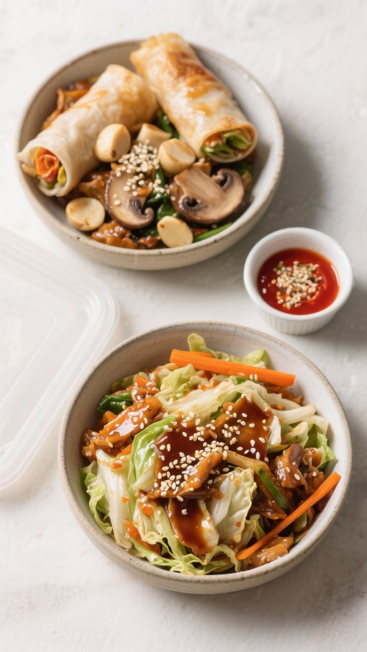 Tasty : Overhead shot of Egg Roll in a Bowl portioned for meal prep—two ceramic bowls and one meal