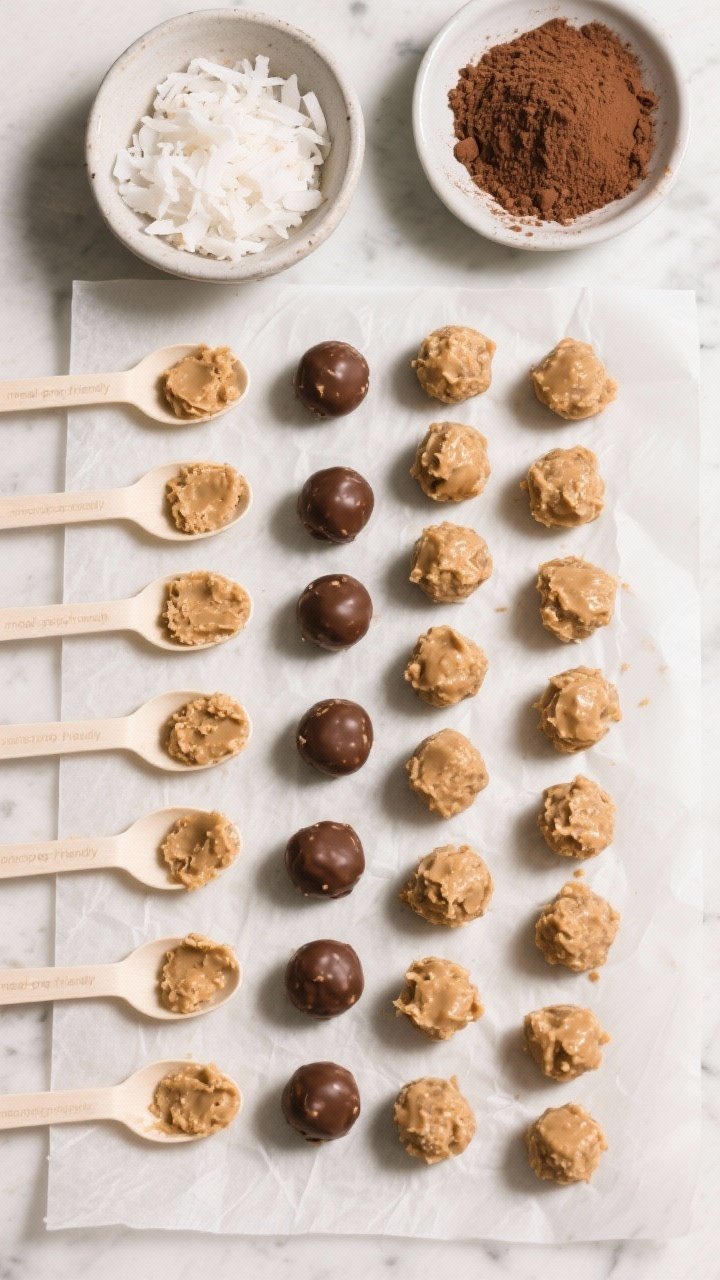 Tasty top-down prep moment: Overhead shot of the rolled Almond Butter Protein Bites portioning stage