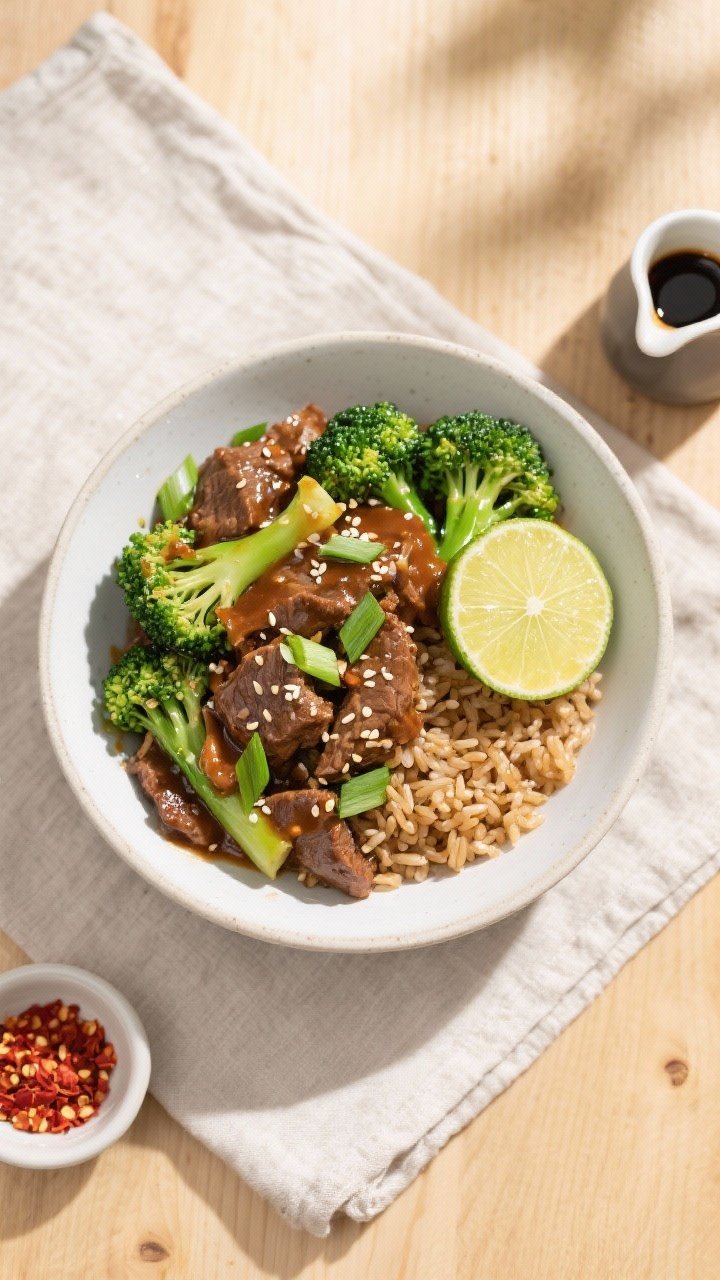Tasty top view, final dish: Overhead shot of Beef and Broccoli Stir Fry served over warm brown rice 