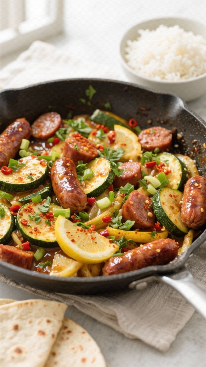 Tasty top view, final glossy finish: Overhead shot of the finished Sausage and Veggie Skillet after 