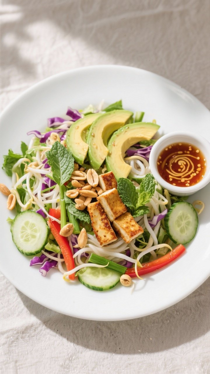 Tasty top view, final plated dish: Overhead shot of Spring Roll Salad fully assembled—bed of shred