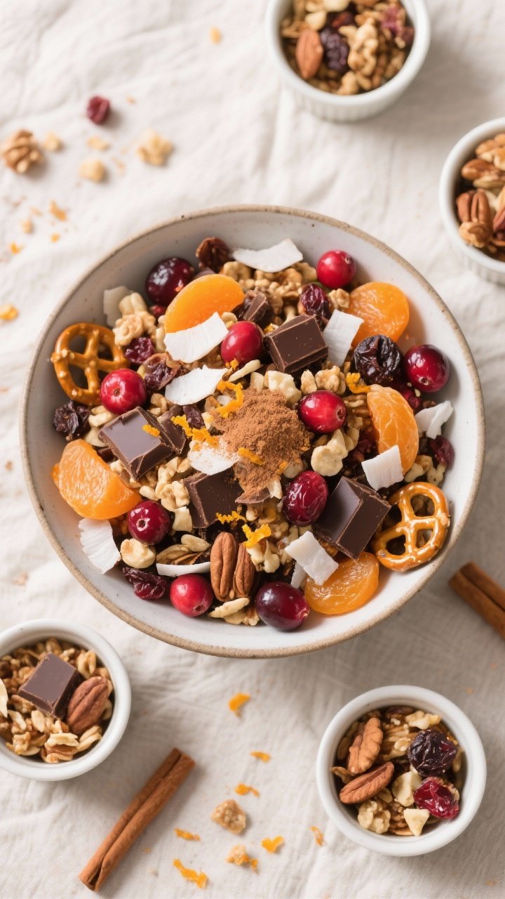 Tasty top view final presentation: Overhead shot of the Holiday Movie Marathon Energy Mix in a wide,