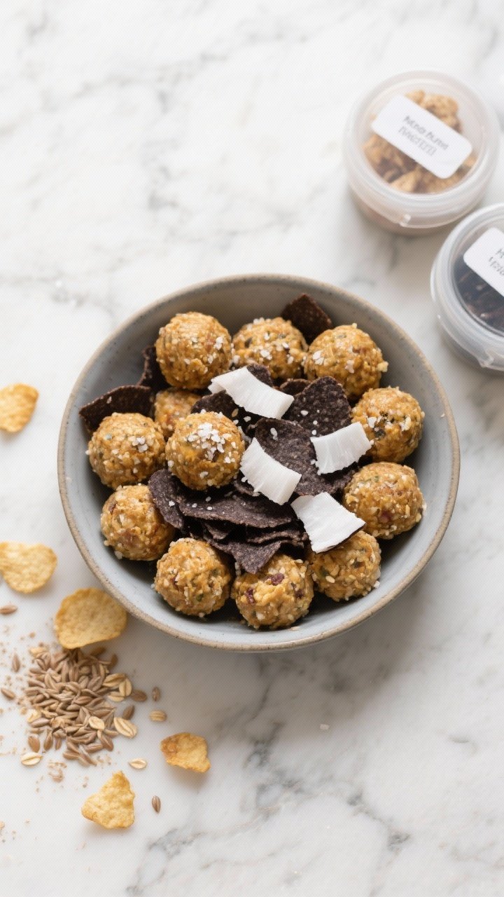 Tasty top view final presentation: Overhead shot of a low, matte ceramic bowl filled with 12–16 fi