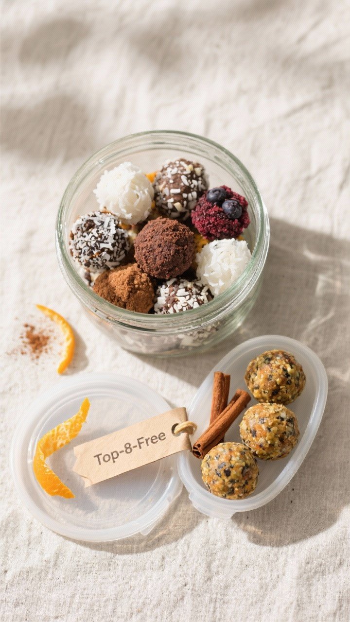 Tasty top view final presentation: Overhead shot of an organized snack prep scene—an airtight glas