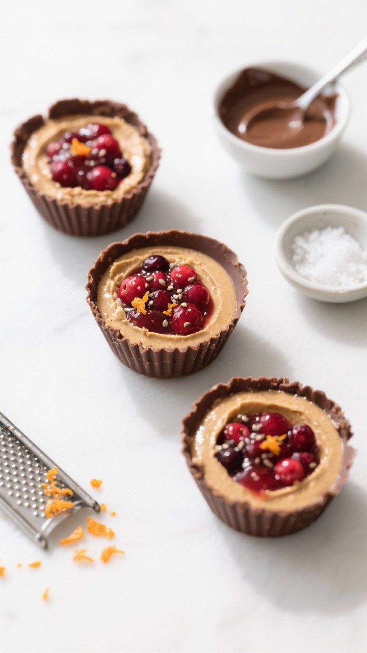 Tasty top view, mid-build stage: Overhead shot of Cranberry Sauce Energy Cups showing three distinct
