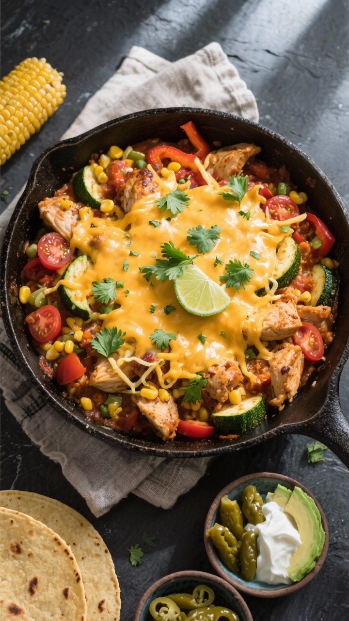Tasty top view, one-pan finish: Overhead shot of the finished Tex-Mex chicken and zucchini skillet w