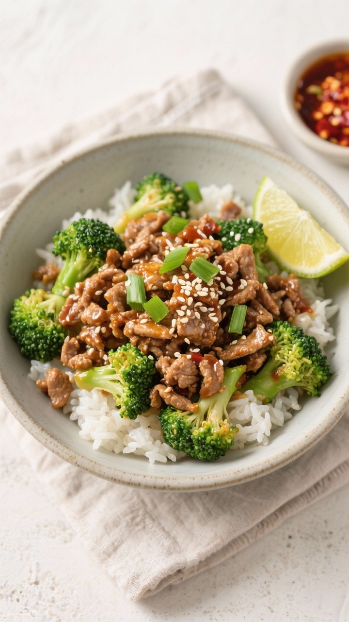 Tasty top view, overhead bowl: Overhead shot of Sweet and Spicy Ground Turkey & Broccoli Bowl served