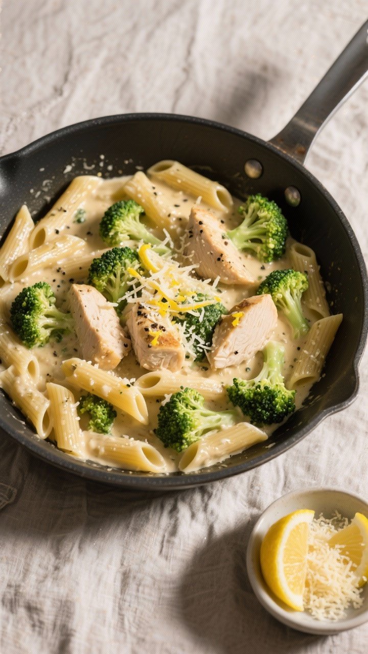Tasty top view, overhead: Large sauté pan filled with finished chicken and broccoli pasta—penne c