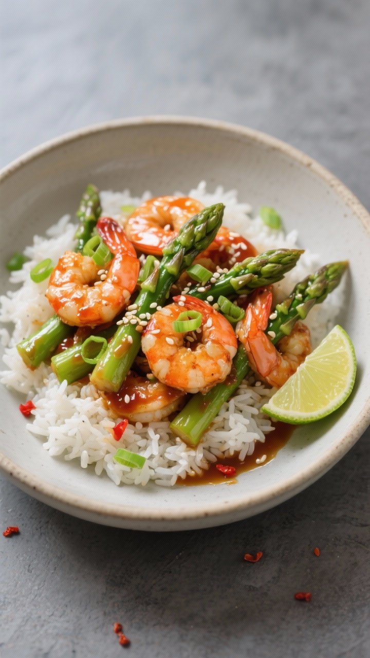 Tasty top view, overhead: Overhead shot of Sweet Chili Shrimp with Asparagus served over fluffy jasm