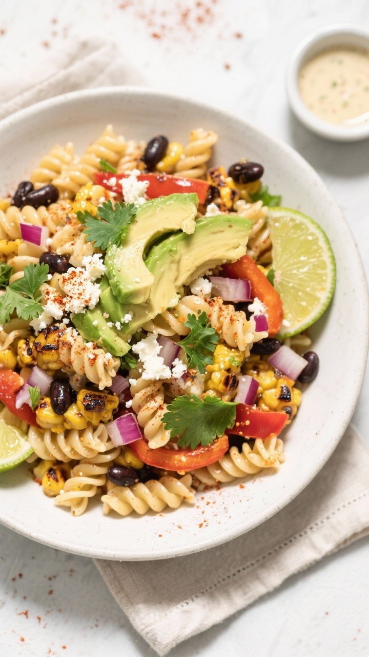 Tasty top view, overhead: Overhead shot of the finished Cilantro Lime Pasta Salad in a wide, matte-w