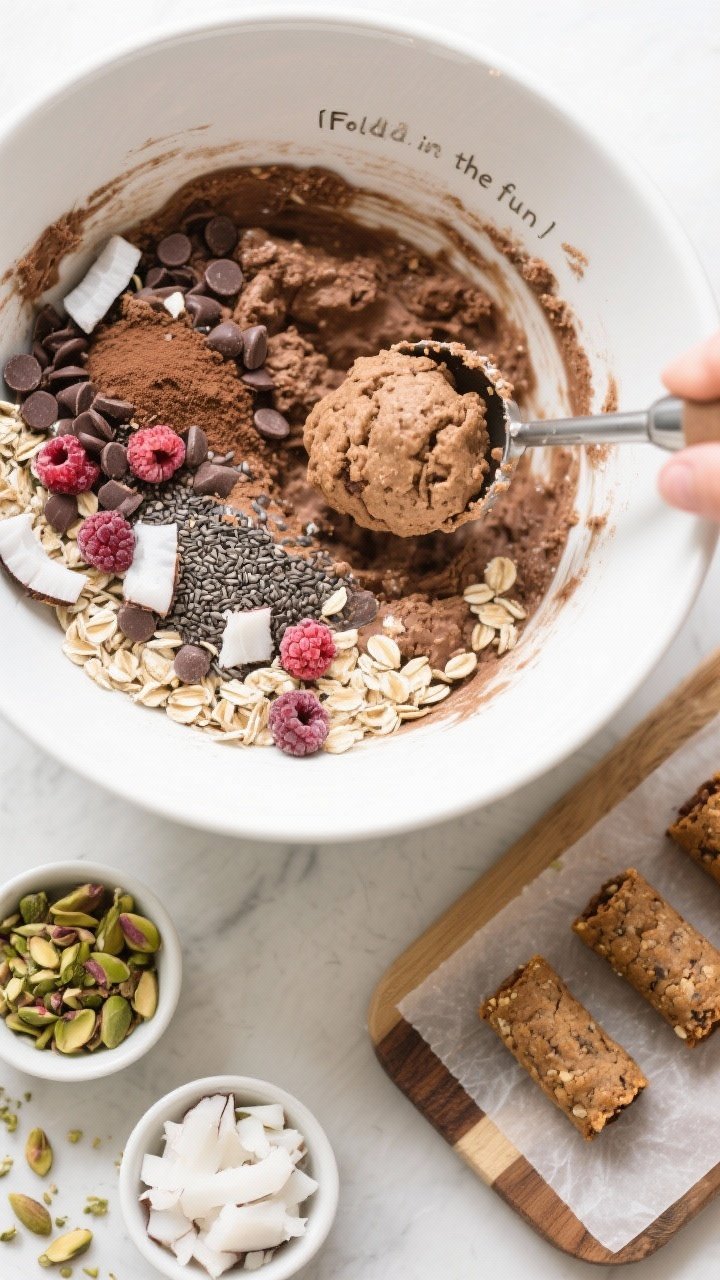 Tasty top view (overhead process scene): Overhead shot of the mixture just after the “Fold in the 