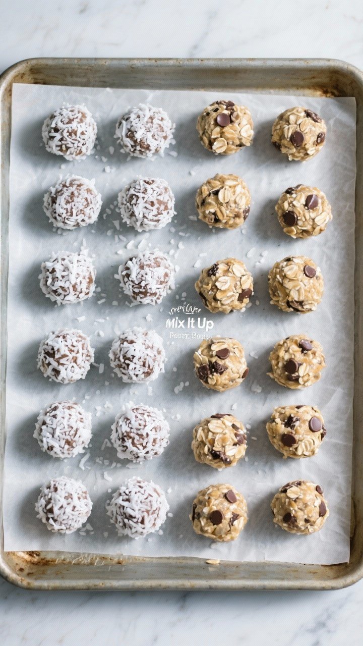 Tasty top view: Overhead shot of 16–18 chilled Pre-Game Energy Balls arranged in a tidy grid on a 