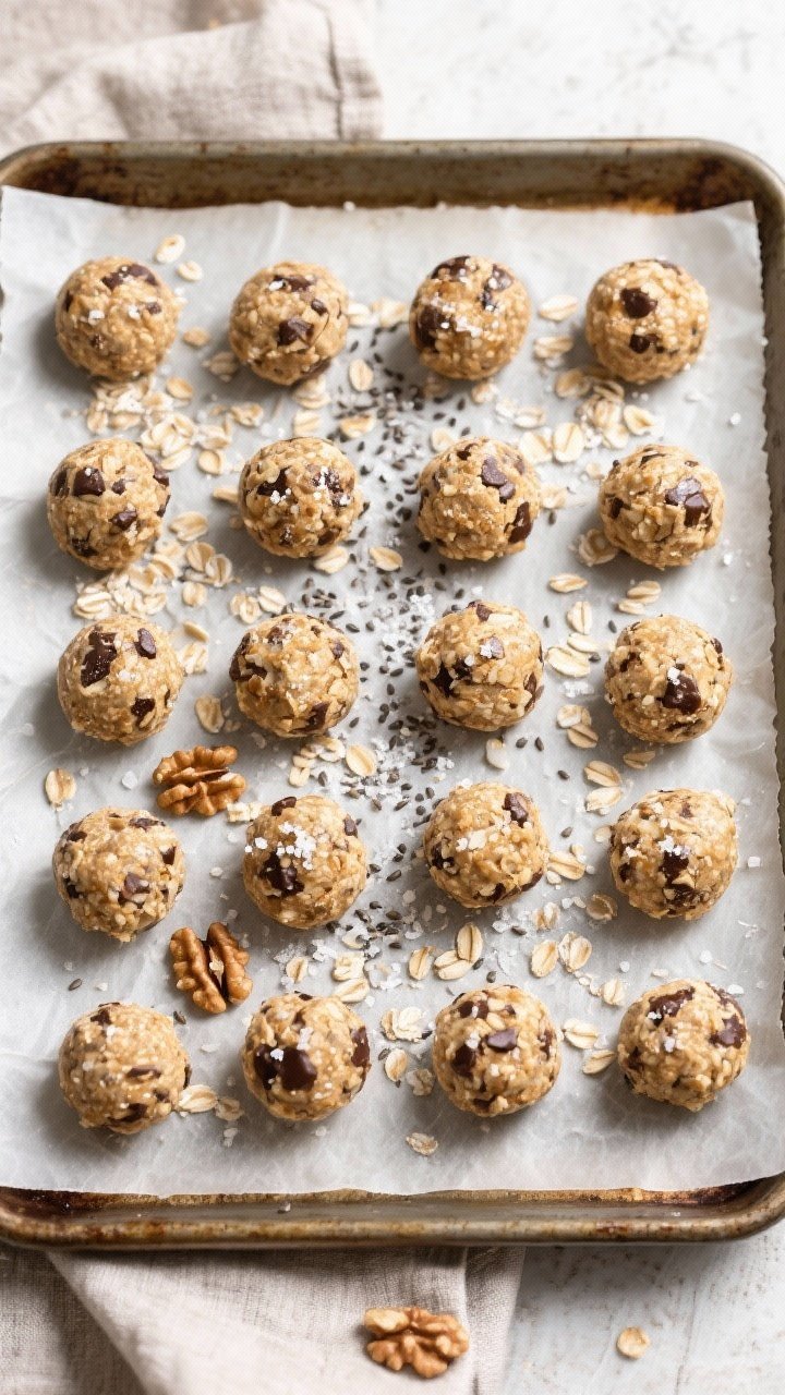 Tasty top view: Overhead shot of 16–20 evenly sized Brain-Boosting Protein Balls arranged in a tig