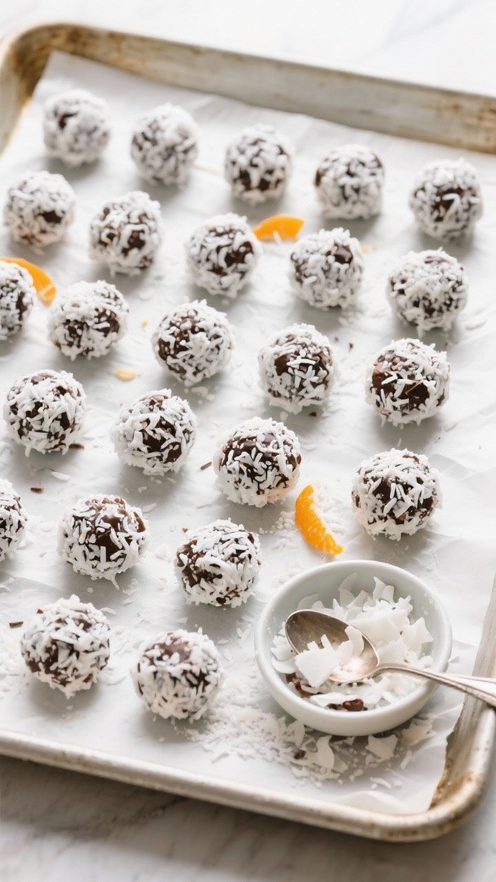 Tasty top view: Overhead shot of 18–22 finished Snowball Energy Bites arranged in a loose grid on 