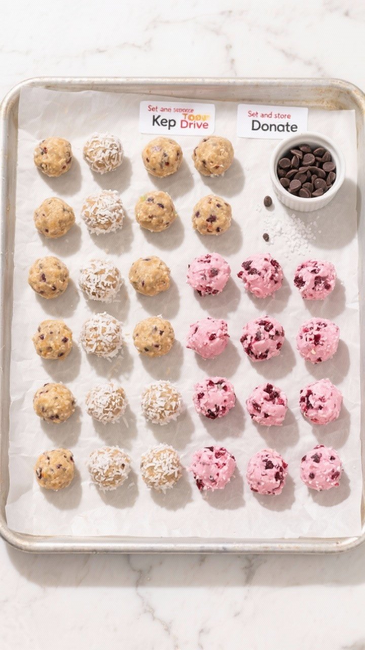 Tasty top view: Overhead shot of 18–22 uniformly rolled Toy Drive Energy Bites arranged on parchme