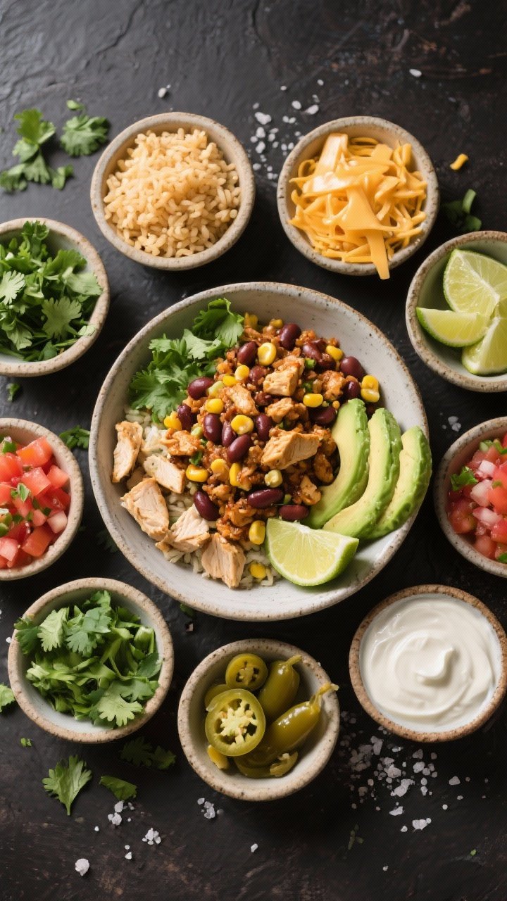 Tasty top view: Overhead shot of a build-your-own burrito bowl bar setup featuring a central bowl of
