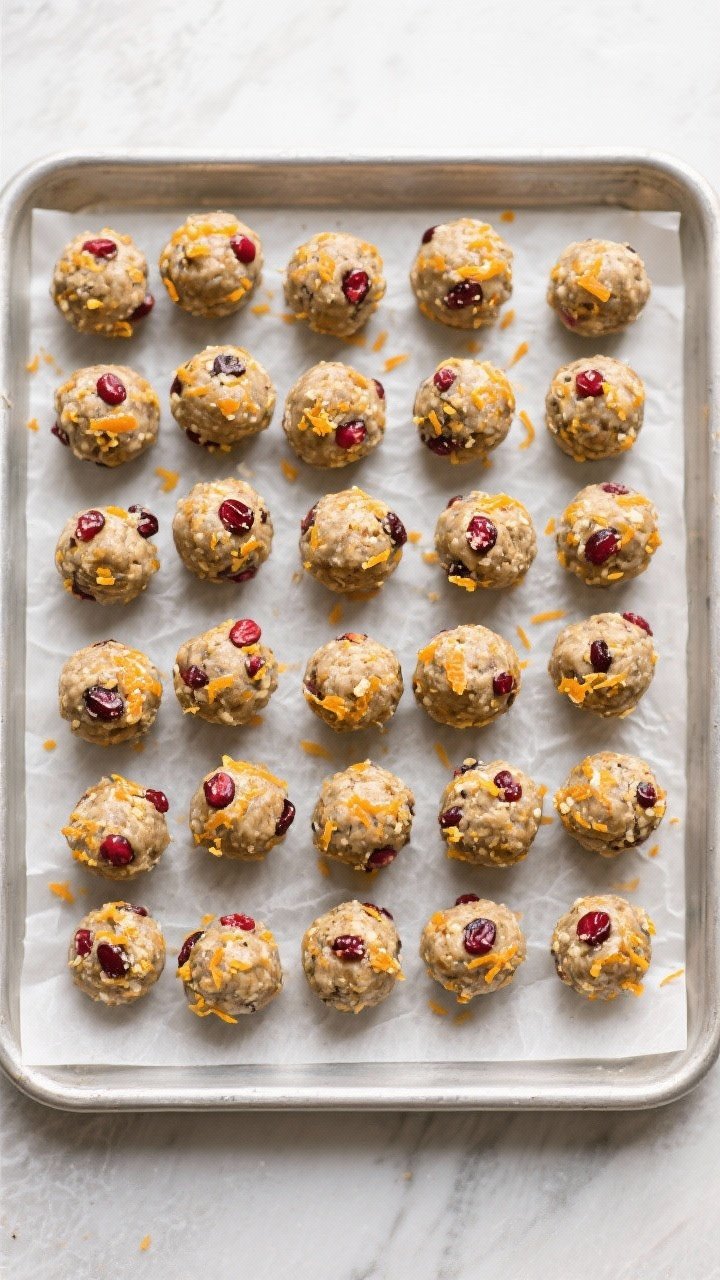 Tasty top view: Overhead shot of a chilled batch of Cranberry Orange Zest Energy Balls arranged in a