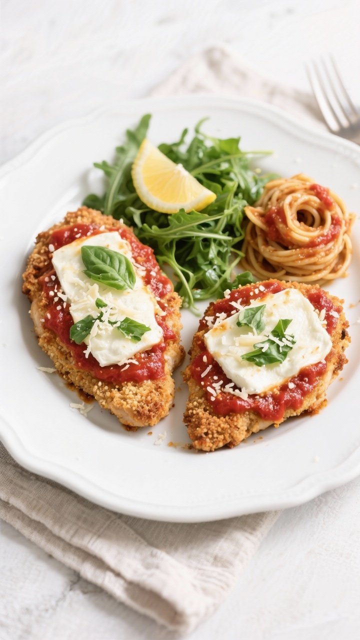 Tasty top view: Overhead shot of a final plated Healthy Baked Chicken Parmesan on a white ceramic pl