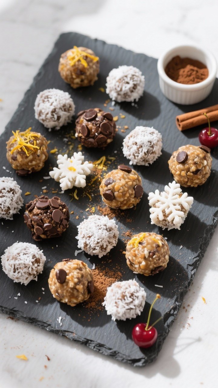 Tasty top view: Overhead shot of a finished assortment of Snowflake Energy Balls arranged in a neat 