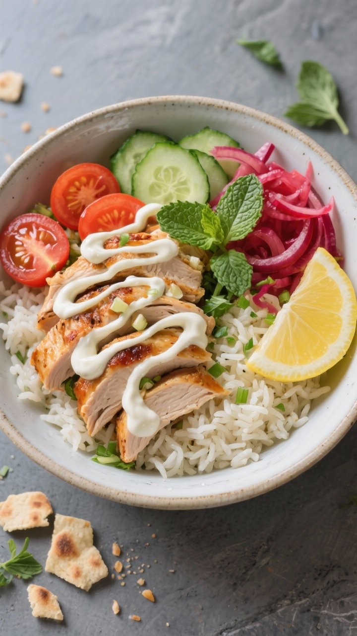 Tasty top view: Overhead shot of a loaded Chicken Shawarma Bowl—fluffy basmati rice base with slic
