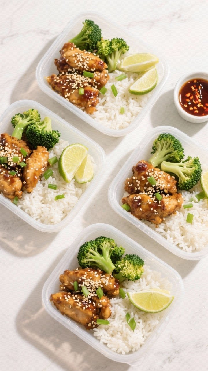 Tasty top view: Overhead shot of a meal-prep layout—four airtight containers each with a neat port