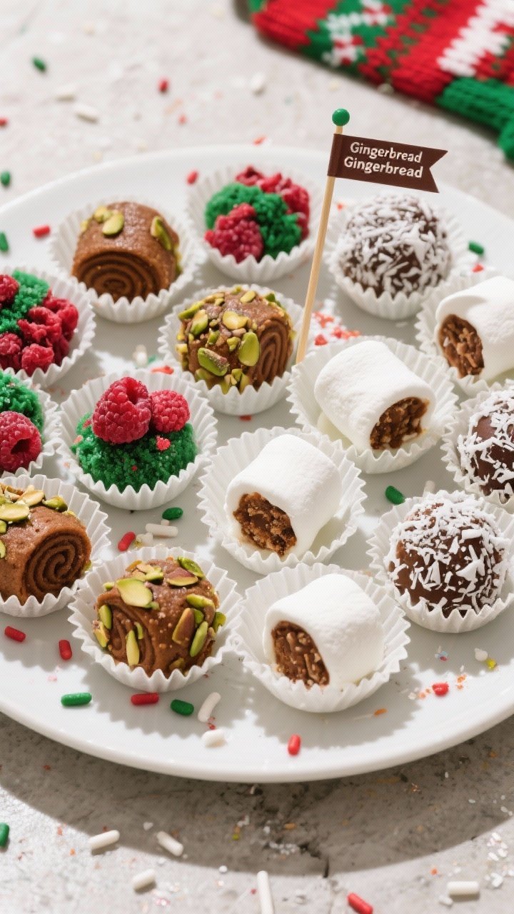 Tasty top view: Overhead shot of a mixed “ugly sweater” platter of energy bites arranged in mini