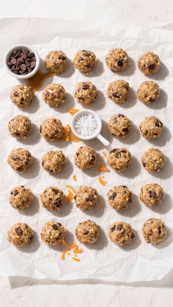 Tasty top view: Overhead shot of a neat grid of 18–22 finished energy balls on parchment, evenly s