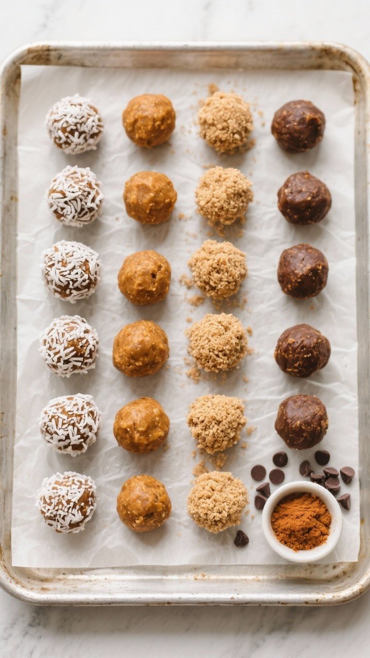 Tasty top view: Overhead shot of a parchment-lined tray with 18–22 Pumpkin Pie Energy Balls just c
