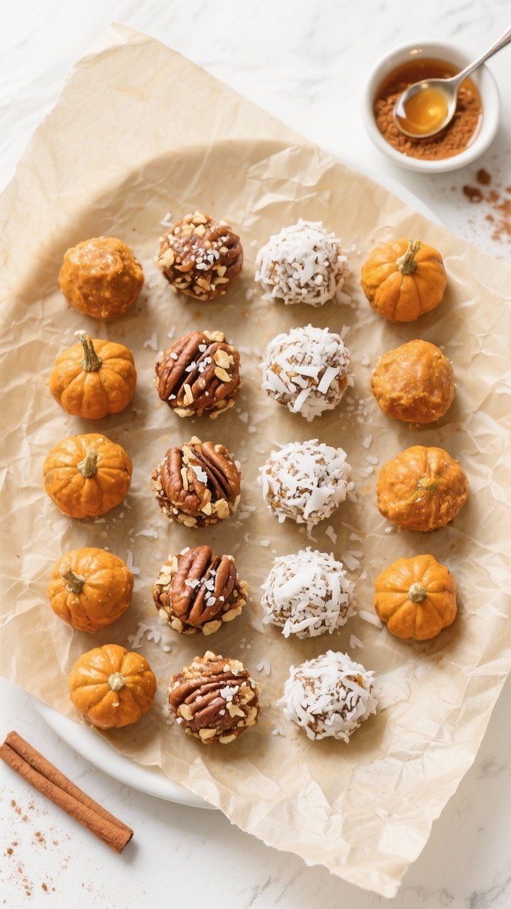 Tasty top view: Overhead shot of a parchment-lined plate holding 16–20 chilled Pumpkin Spice Prote