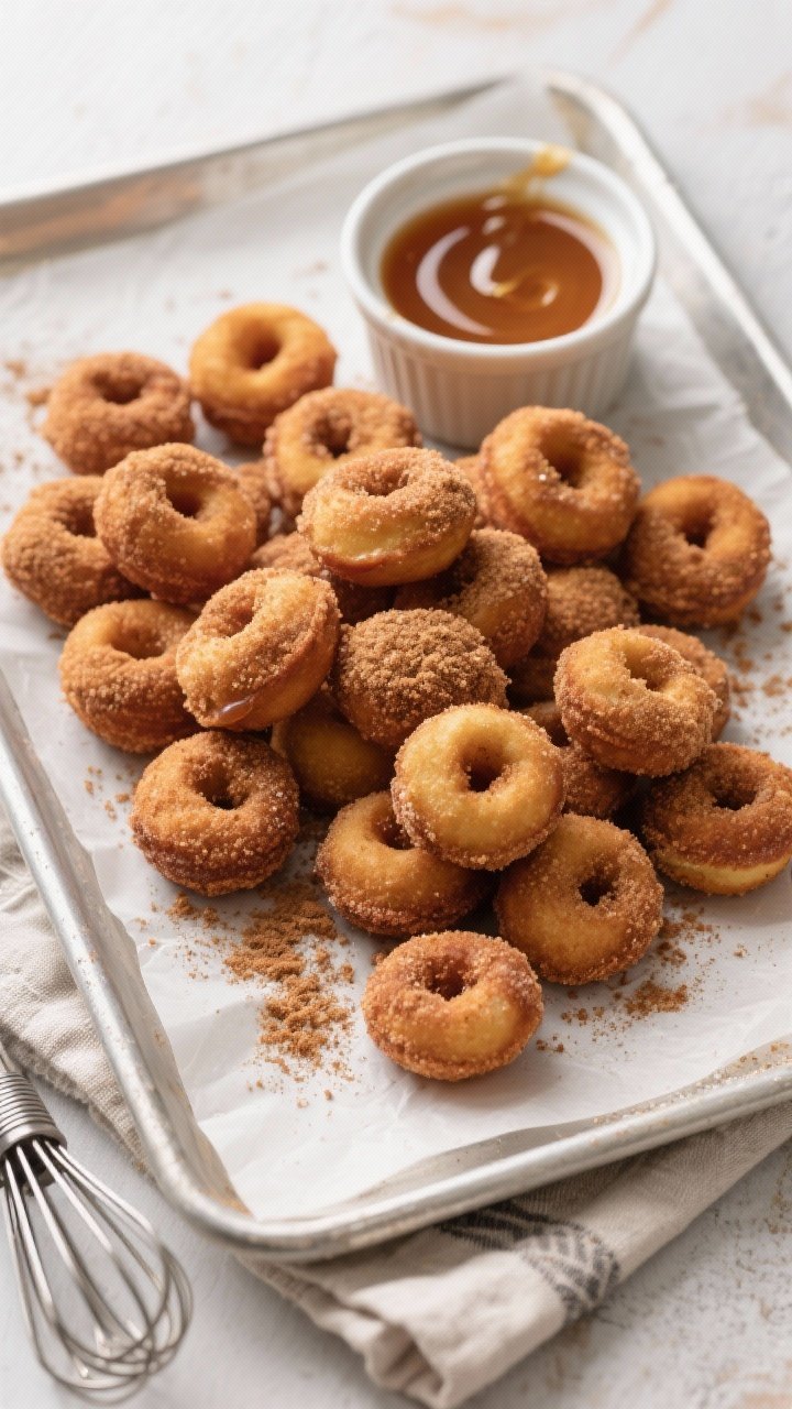 Tasty top view: Overhead shot of a parchment-lined tray piled with finished apple cider donut holes,