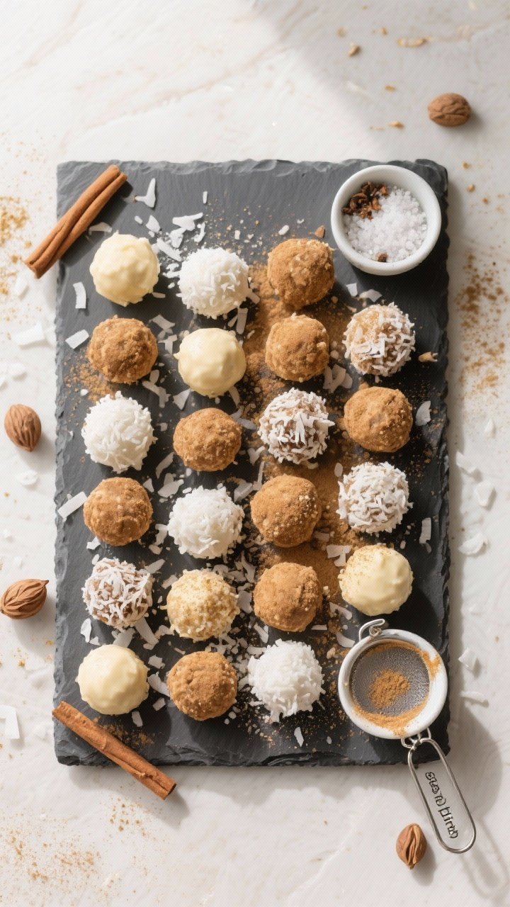 Tasty top view: Overhead shot of a slate board arranged with 16–20 Eggnog Energy Balls in mixed co